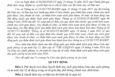 Quyết định phê duyệt bổ sung sách giáo khoa lớp 12 sử dụng trong cơ sở giáo dục phổ thông của Bộ Giáo dục và Đào tạo