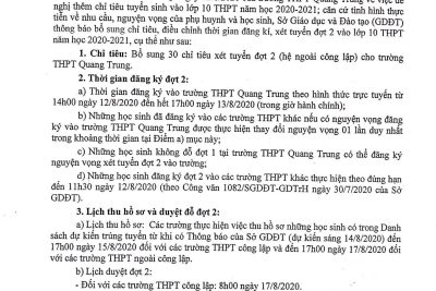 Thông báo bổ sung chỉ tiêu và điều chỉnh thời gian đăng ký, xét tuyển đợt 2 vào lớp 10 THPT không chuyên năm học 2020-2021