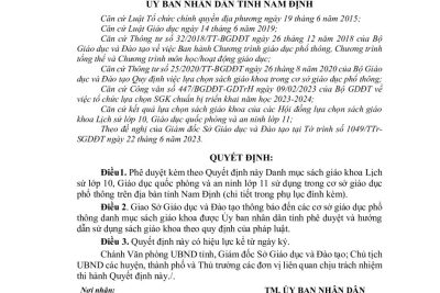 Quyết định phê duyệt Danh mục sách giáo khoa Lịch sử lớp 10, Giáo dục quốc phòng và an ninh lớp 11 sử dụng trong cơ sở giáo dục phổ thông trên địa bàn tỉnh Nam Định