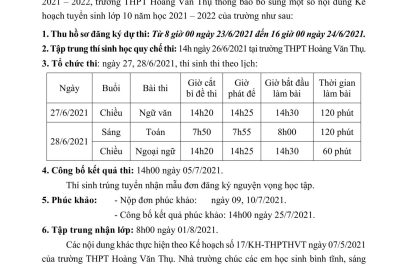 Thông báo điều chỉnh thời gian tổ chức kỳ thi tuyển sinh lớp 10 năm học 2021 – 2022