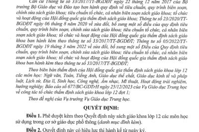 Quyết định phê duyệt sách giáo khoa lớp 12 sử dụng trong cơ sở giáo dục phổ thông của Bộ Giáo dục và Đào tạo