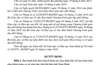 Quyết định này Quy định tiêu chí lựa chọn sách giáo khoa trong cơ sở giáo dục trên địa bàn tỉnh Nam Định